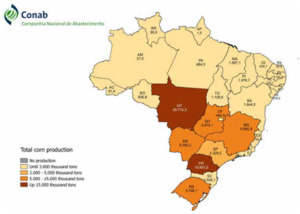 Mapa da distribuição da produção total de milho no Brasil safra 2018/19 (Fonte: Conab).