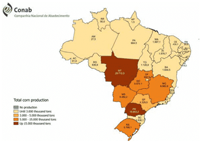 Mapa da distribuição da produção total de milho no Brasil safra 2018